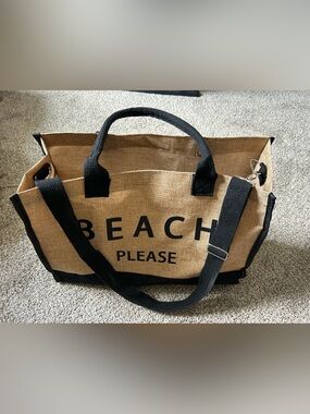 SHEIN Beige and Black 'BEACH PLEASE' Jute Tote Bag
